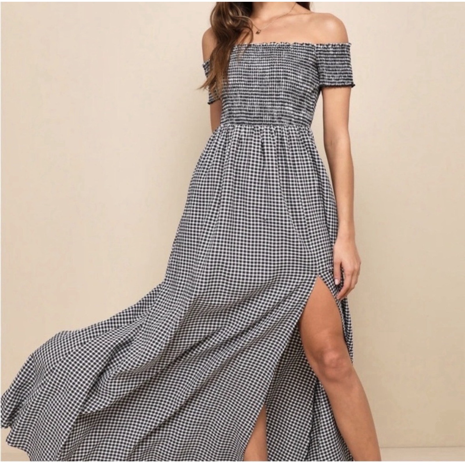 Lulu’s Patsy Smocked Off-The-Shoulder Gingham Maxi Dress Cottagecore Flowy Sz L